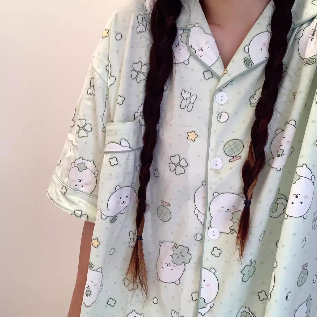 Japanese Internet celebrities cantaloupe self-deprecating bear pajamas women's summer cardigan short-sleeved shorts set can be worn outside loungewear