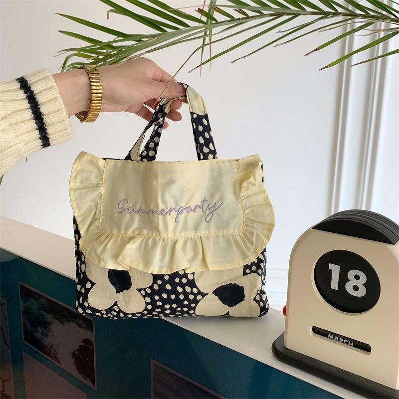 

Charming New Canvas Tote Bag With Ruffled Edges And Fresh Embroidery For Students Large Black Flower