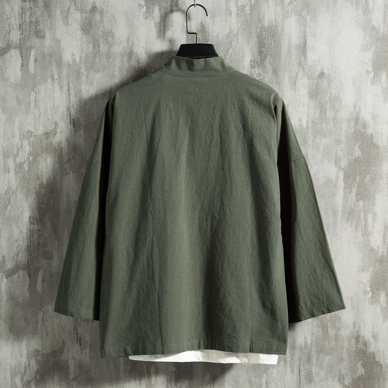 Rochie de vară în stil chinezesc țesută cu pene Cardigan Hanfu pentru bărbați Kimono japonez din in și bumbac Jachetă cămașă cu mâneci trei sferturi