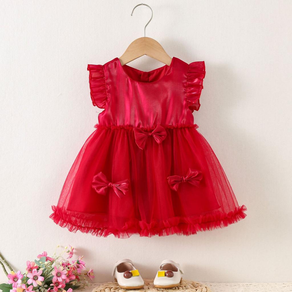 Girls' Fashionable Bow Tie Netted Chiffon Dress - Summer Children's Princess-style Dress