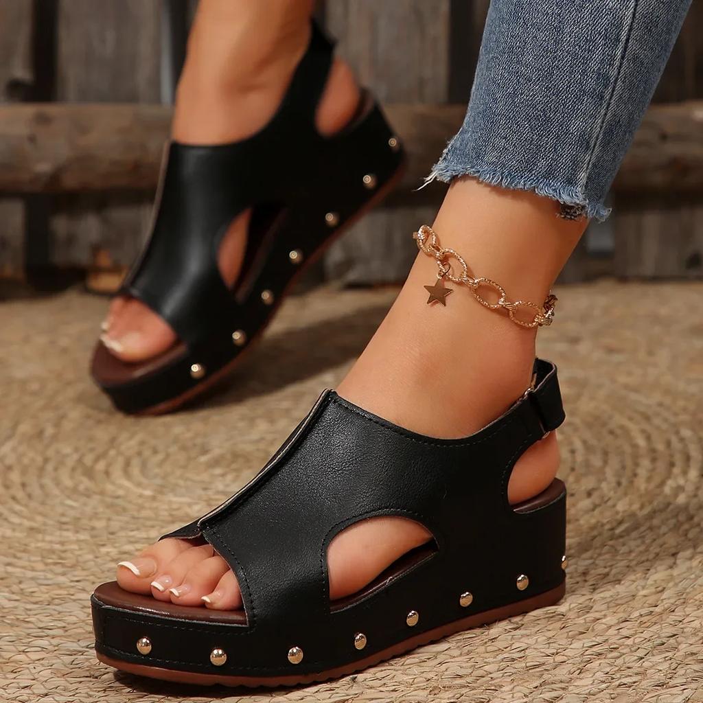 Fashion 2025 New Thick-soled Hollow Fish Mouth Sandals Women's Large-size Rivets Velcro Slope Heel Beach Sandals