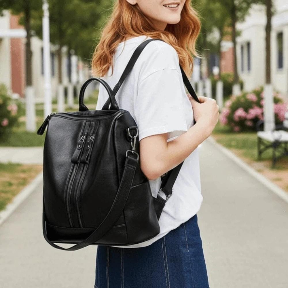 Black Leather Backpack Soft Leather Multifunctional School Bag Vintage Korean Style Backpack Daily