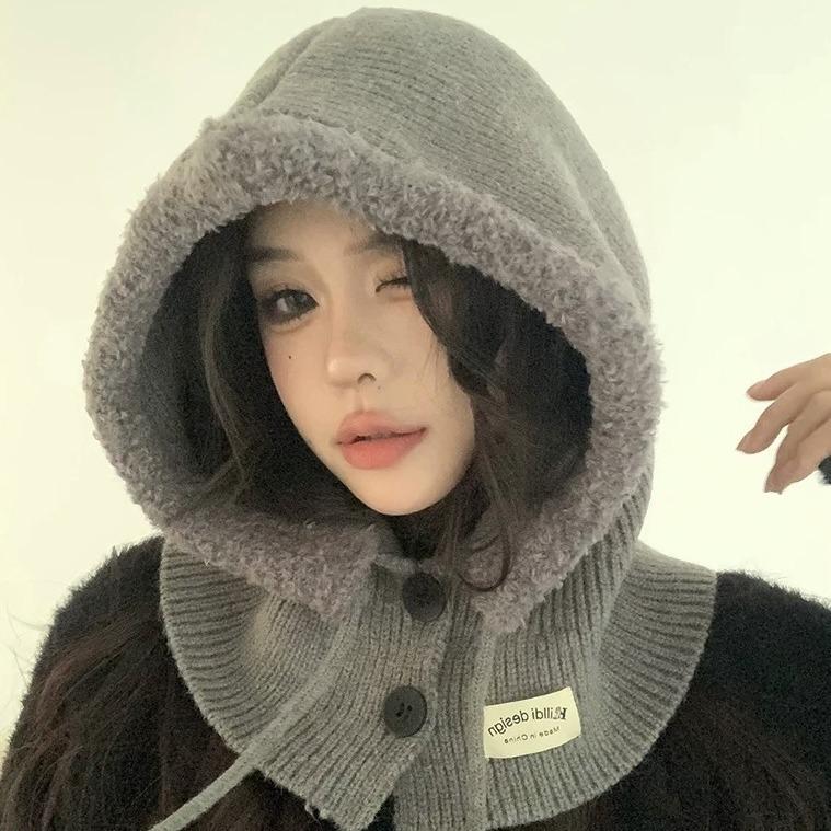 1pc Women's Drawstring Faux Collar Balaclava Hat,Outdoor Warm Knitted Face Neck Protective Hood Cape,for Winter Cold Protection