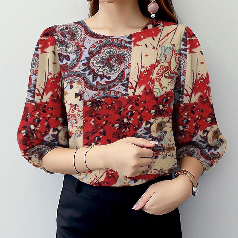 

ZANZEA Повседневная блузка с этническим принтом, круглым вырезом и свободными рукавами 3/4 S красный