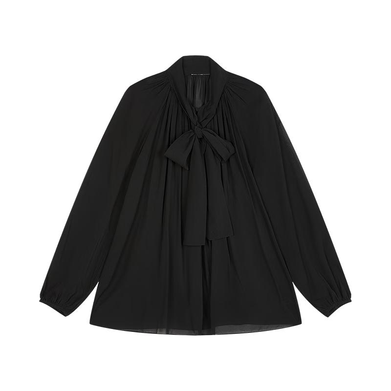 LESS 2025 Fall H-shaped Tie-neck Loose Long-sleeved Silk Blend Shirt