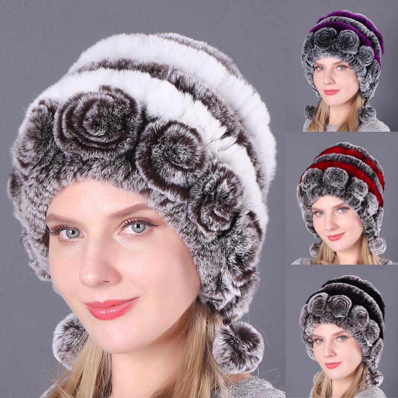 1PCS Fashion Rex Rabbit Fur Hat Fur Ball Beanies Earmuffs Hat Warm Caps Autumn and Winter Women's Comfortable