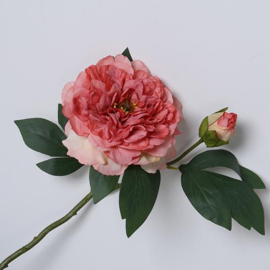 Artificial Peony with Green Leaves 2 Head Realistic Fake Silk Flower