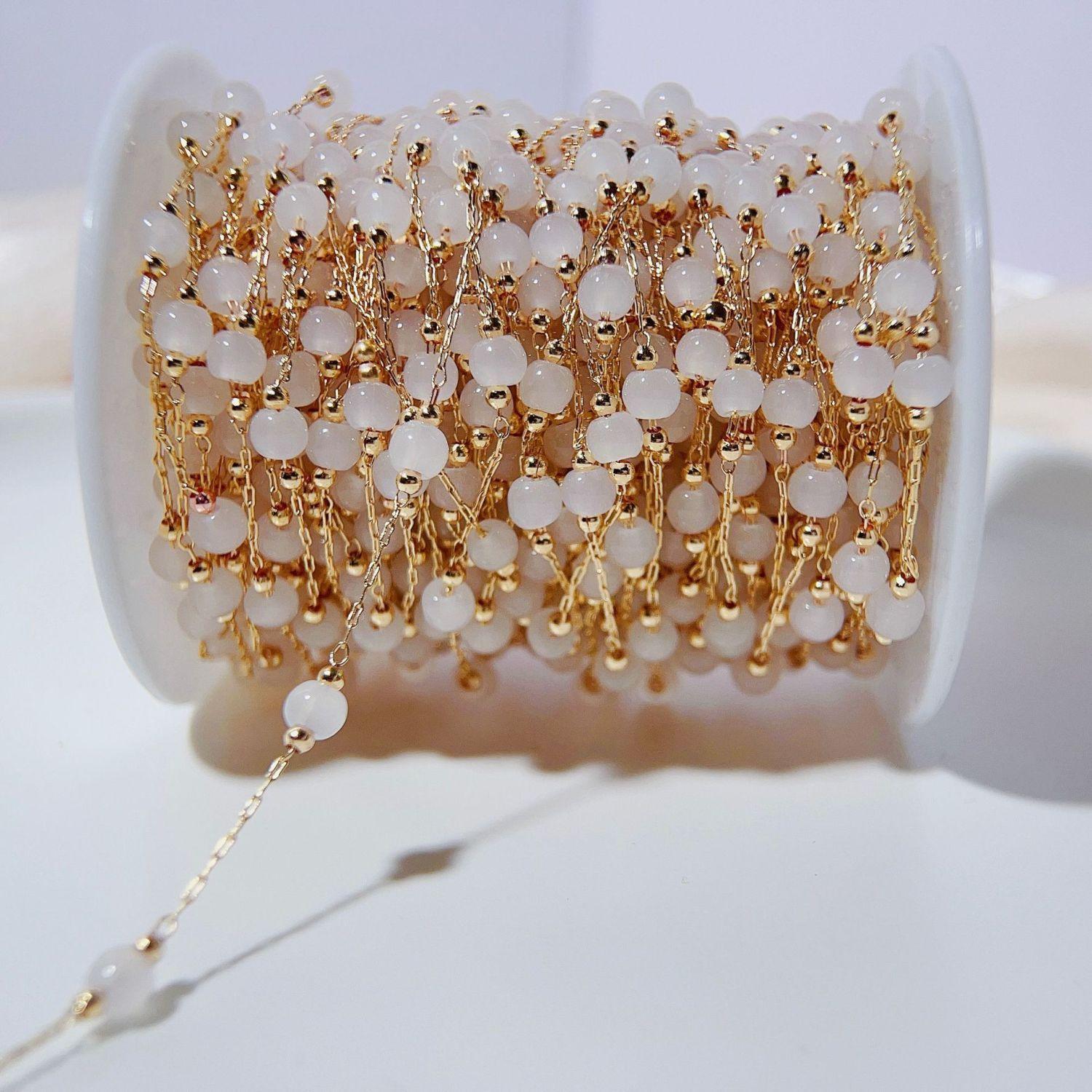 

1meter Opal Stone Bead Copper Chains Stone Copper Beaded KC Gold Color Necklace Chain Bracelet Supplies for DIY Jewelry Making