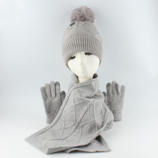 3Pcs/Set Women Winter Hat Scarf Gloves Set Plush Ball Decor Rhombus Texture Knitting Hat