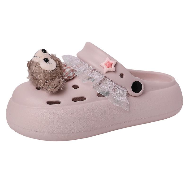 Cute and Sweet Shirley Rose Bow Hole Shoes Women's Summer 2025 Fashion Outer Wear Lace Edge Bag Head Slippers