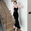 Korean Version of the New Summer Pure Desire Style Spice Girl Design Sense Suspender Skirt Women's Empty Mesh Sexy Hip-wrapped Split-ended Long Dress