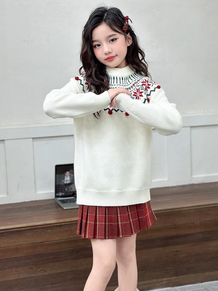 Girls' Retro Jacquard Knit Sweater - Round Neck, Long Sleeves, Autumn/Winter 2025 Collection