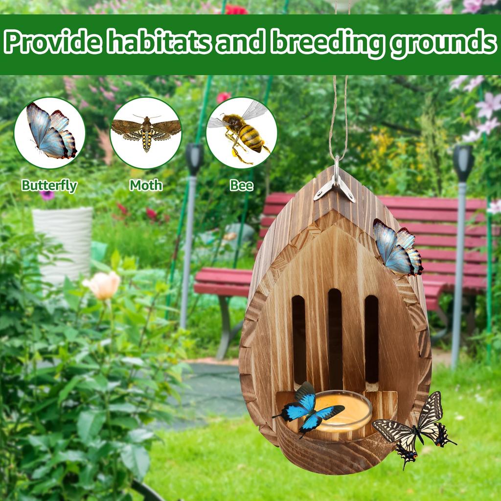 Hanging Wood Bee House Butterfly Feeder with Rope Decorative Bee Nesting Box Multifunctional Moth Habitat for Garden Balcony