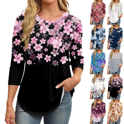 Modisches T-Shirt mit Rundhalsausschnitt und sieben Viertelärmeln im Retro-Look für Damen, lässig, Basic, Plissee