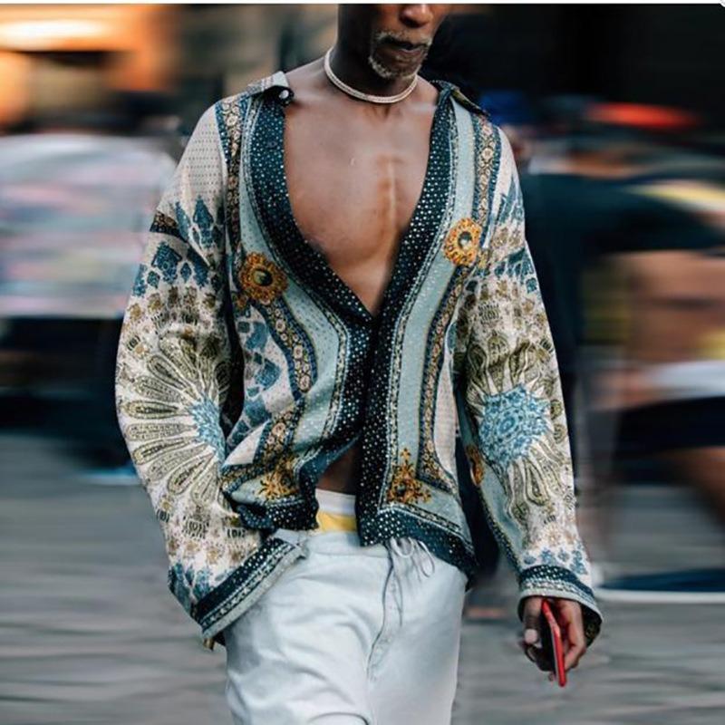 Men Casual Loose Printed Long Sleeve Turn Down Collar Shirt