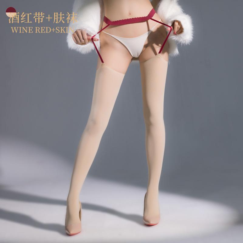 European and American Cross-border Sexy Suspender Integrated Socks 80D Velvet Thermal Long Tube Red Edge Black Silk Sex Stockings Large Size