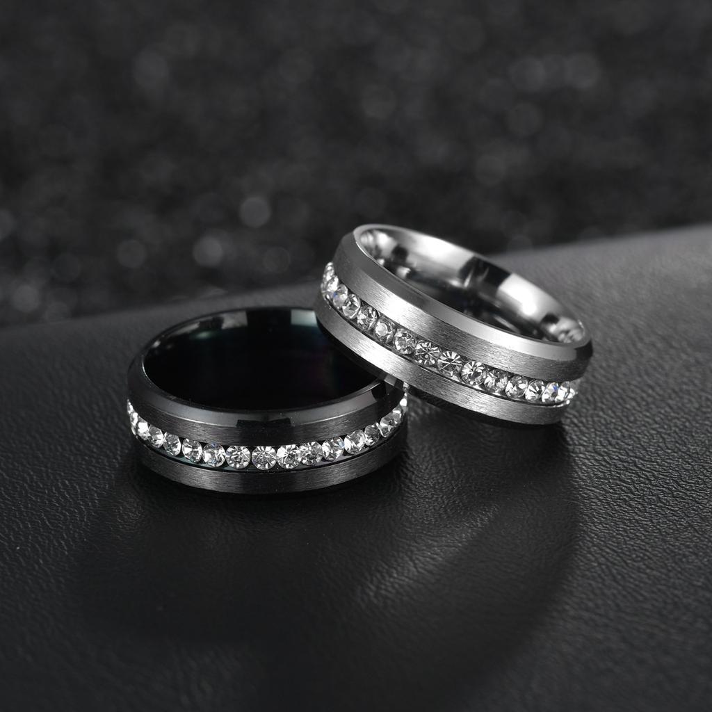8mm Wide Single Row Full Diamond Zircon Ring Electroplated Black Stainless Steel Pair Ring
