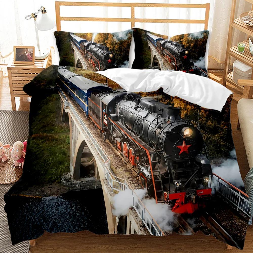 Steam Train Duvet Cover Digital Illustration Of A Locomotive Train On A Steel Railway Track Adventure Art Polyester Qulit Cover