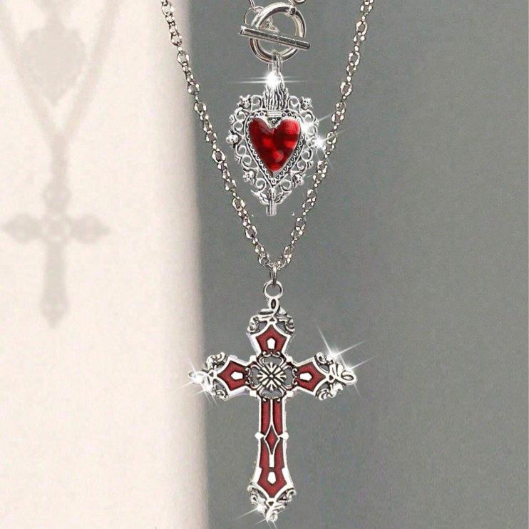 Gothic Heart Cross Pendant Necklace Set - Punk Y2K Valentine's Day Jewelry
