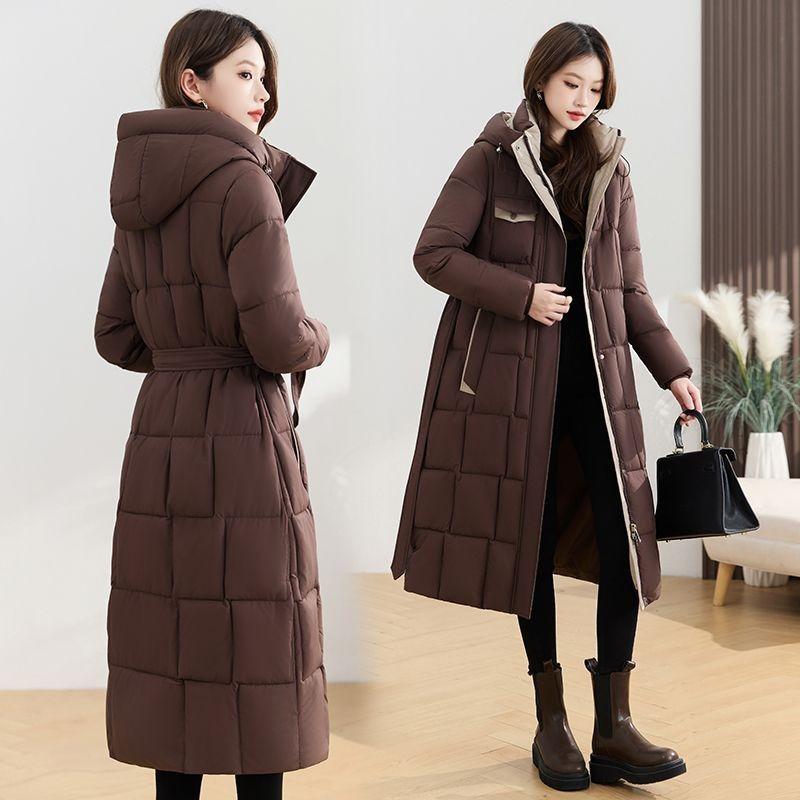 Thickened Winter Hooded Long Padded Jacket Slim Waist Design Warm Coat for Ladies