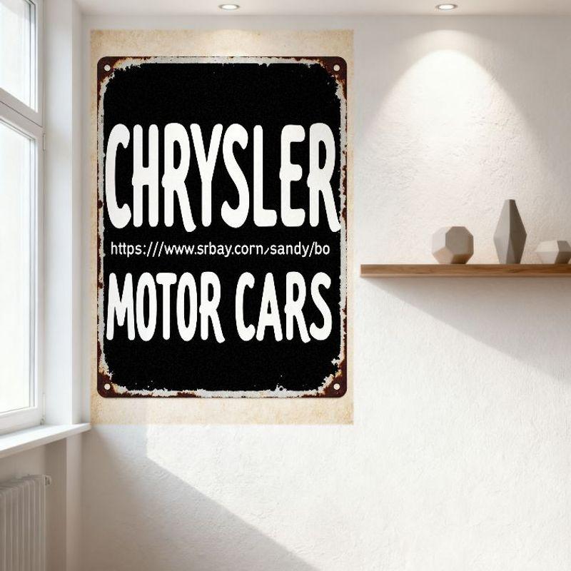 Vintage Chrysler Motor Cars Metal Sign with URL - Playful White Bold Font On Black Background, Rusted Brown Border with 4 Holes