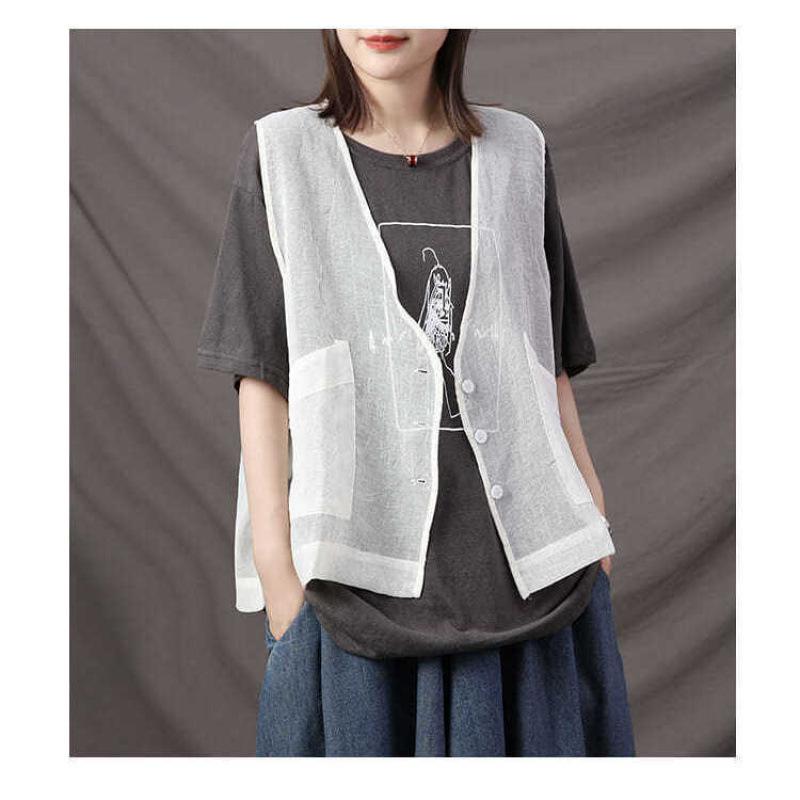 Gilet Cardigan Casual Letterario e Artistico Imitazione Cotone e Lino da Donna Estivo Taglia Grande Gilet Esterno Top Gilet Senza Maniche Largo