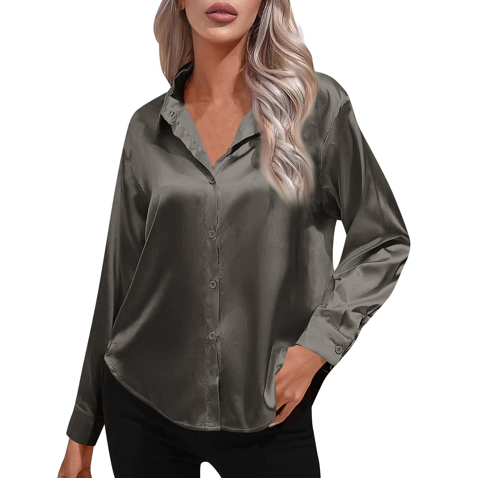 Женская Атласная Рубашка Атлас Имитация Шелка Длинный Рукав Цвет Элегантный На Пуговицах Спереди Воротник Рубашка Топы XL