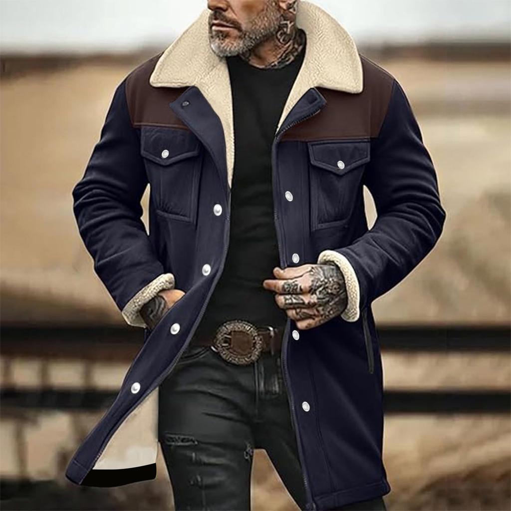 Men's Suede Color-matching Winter Jacket Multi-pocket Zipper Coat
