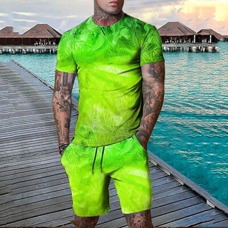 Men's Shorts T Shirt Set Outfits Graphic Leaf Plant Crew Neck Clothing Apparel 3D Print Outdoor Daily Short Sleeve 2 Piece Designer Casual Comfortable