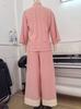 2026 Spring/Summer Cotton Linen Set: French V-neck 3/4 Sleeve Shirt & Color Block Wide-leg Pants