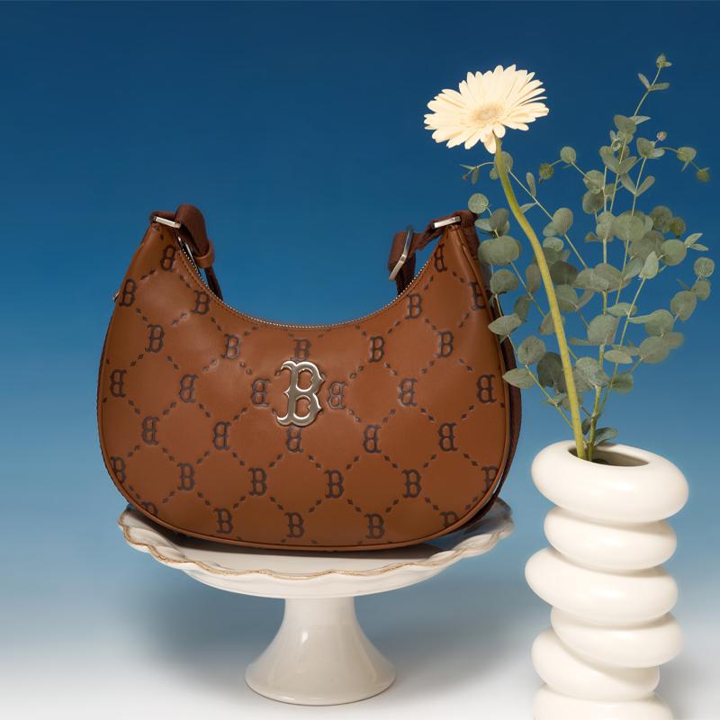 New MLB Monogram Collection Polyester Half Moon Bag Mahjong Pochette Shoulder Bag Large Size Unisex Brown 3ABQL012N-43BRS