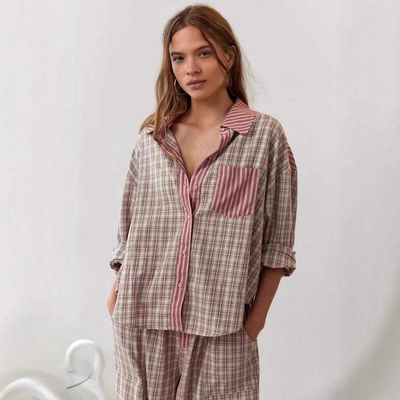 Dames Tweedelig Pyjamaset Geruite Knopenblouse Joggingbroek Casual Loungewear
