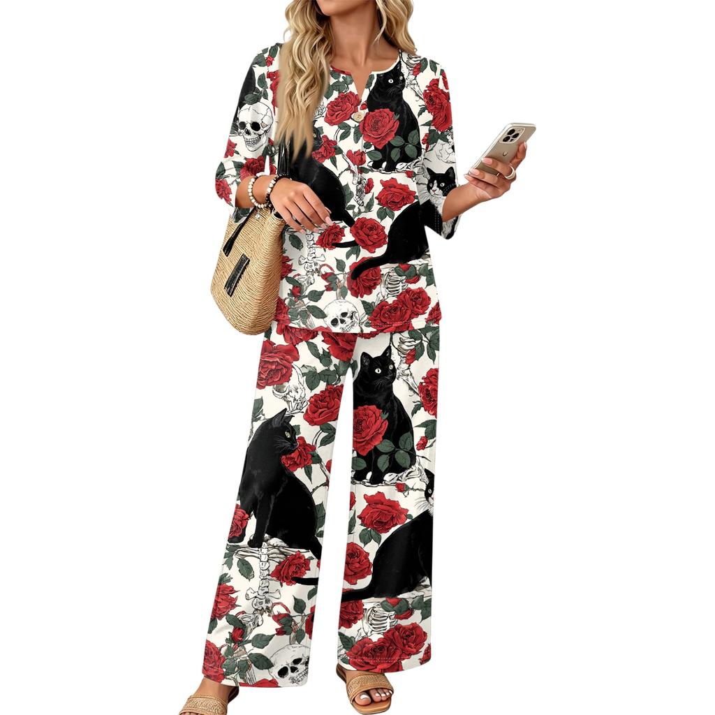 Women's Casual Printed 3/4 Sleeve Button Down Top and Wide Leg Pants 2 Piece Set