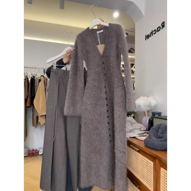 

Кофейный мохеровый кардиган, вязаное платье, женская осенне-зимняя одежда, высококлассный ленивый стиль, мягкая ворсистая длинная юбка-свитер XL