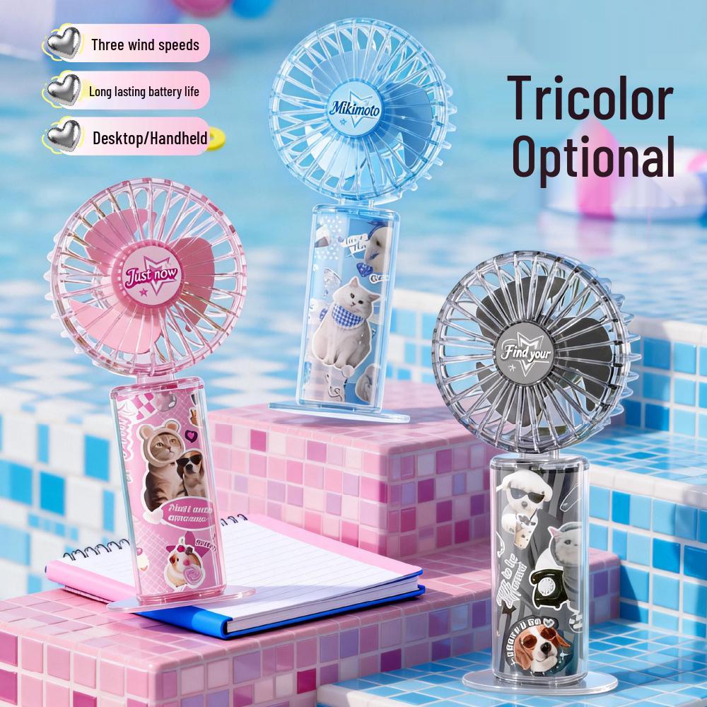 2026 Summer Cool USB Rechargeable Handheld Cartoon Mini Fan with Strong Breeze Blue