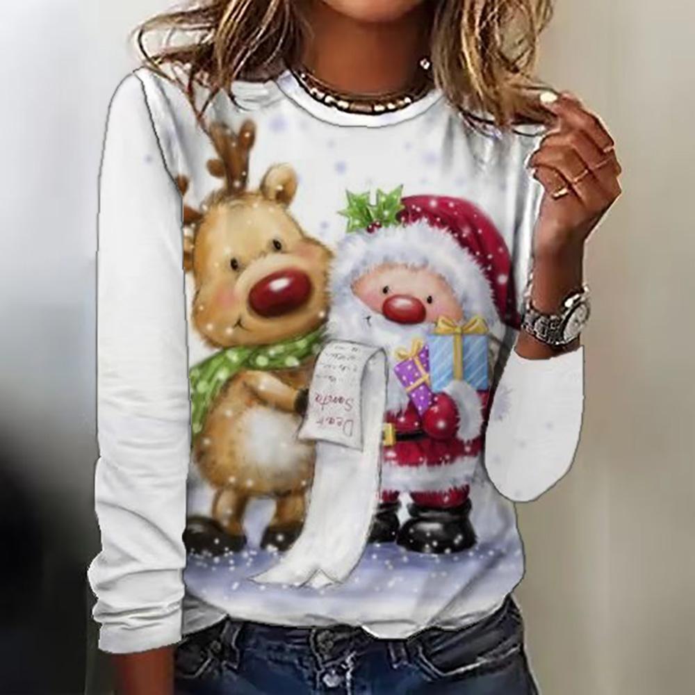 Winter New Christmas Women Autumn T-Shirts O-Neck Long Sleeve Snowman Print Tops Fashion Casual Loose Office Ladies T-Shirts