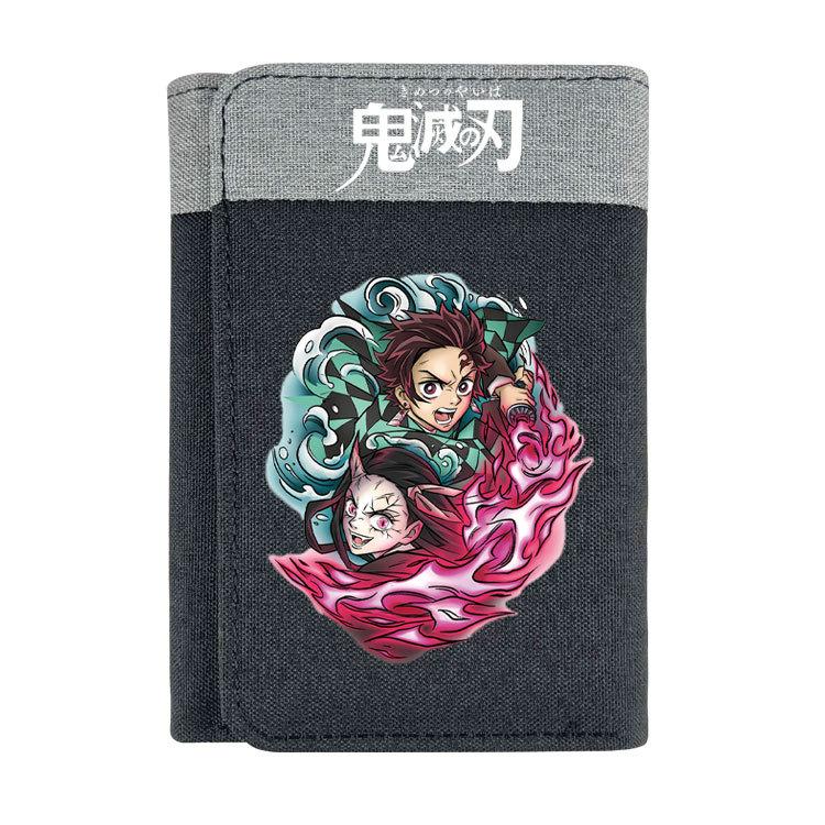 Japan Cartoon Comics Demon Slayer Color-blocked Tri-fold Flap Wallet with Snap Closure Portable Canvas Pocket Coin Purse 7565 KTB