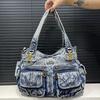 Ladies Vintage Washed Denim Tote Bag Multi Pocket Spice Girl Shoulder Crossbody Bag