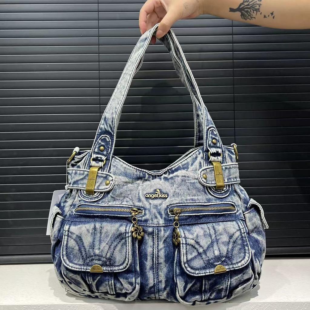 Ladies Vintage Washed Denim Tote Bag Multi Pocket Spice Girl Shoulder Crossbody Bag