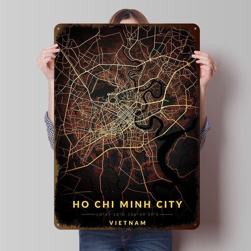 Ho Chi Minh City Map Printing Poster Customized Retro Wall Art Vintage Metal Signs for Room Bedroom Decoration Aesthetic House