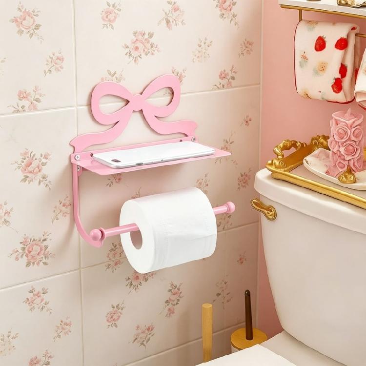 Pink Bows Decorated Metal Bathroom Tissue Holder Wall Mounted Toilet Paper Holder Bathroom Tissue Rack