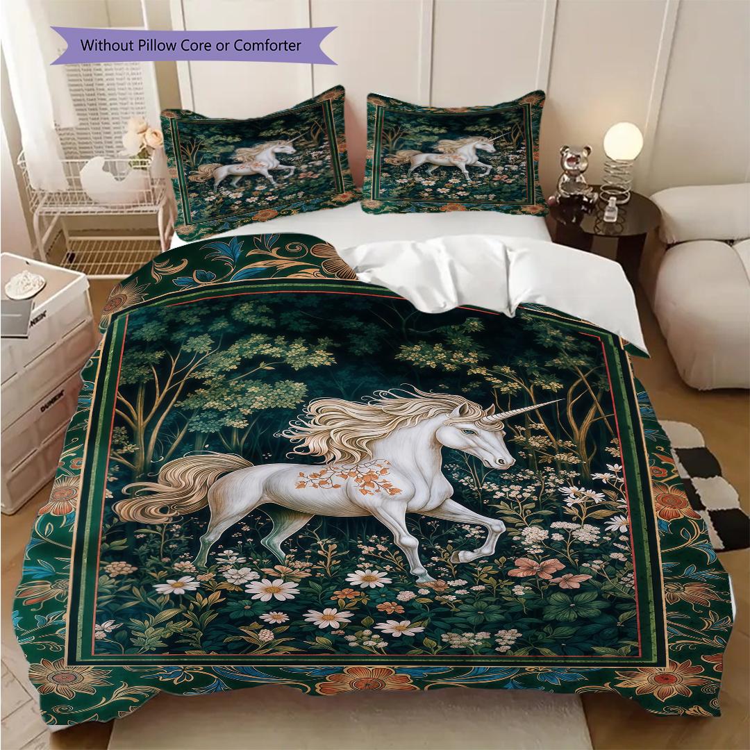 

Medieval fairy tale unicorn bedding, duvet cover, pillowcase, home decoration, birthday gift (1 * duvet cover+2 * pillowcase, coreless) 135x200cm