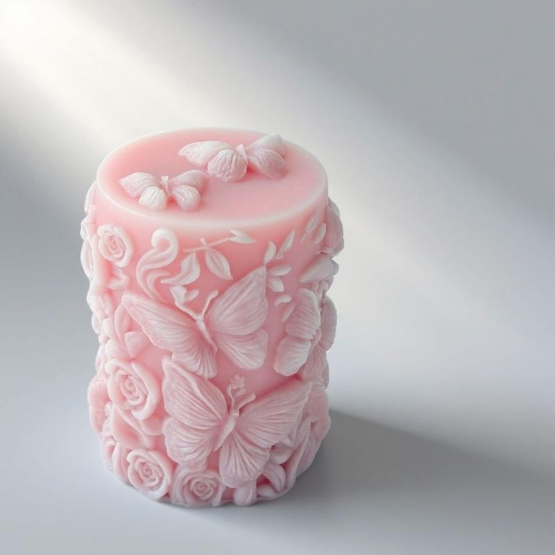Silicone Cylinder Candle Mould With Florals Butterfly Embossed Designs for Artistics Handmade Candle and Home Decoration
