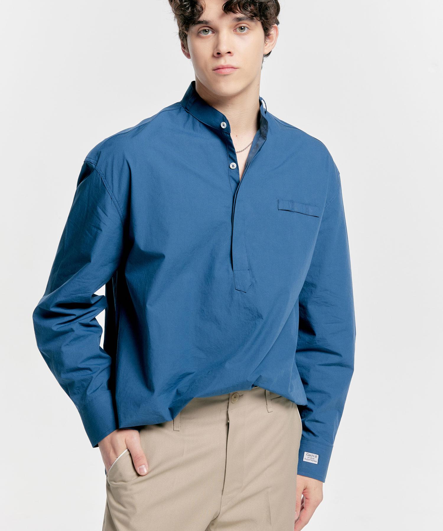 Gachi Loose Fit Henley Neck Open Shirt Navy L