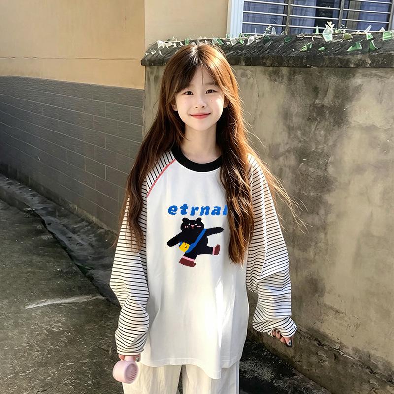 Girls' Cotton Striped Long-Sleeve T-Shirt, Sizes 6-12, Perfect for Spring/Autumn, Versatile Color Block, Round Neck