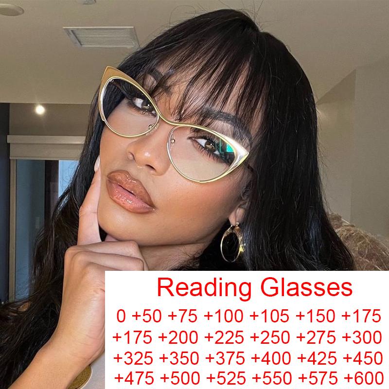 Gold Clear Half Frame Cat Eye Reading Glasses Women Fashion Blue Light Blocking Computer Eyeglasses Sexy Cateye Metal Frame +1 75