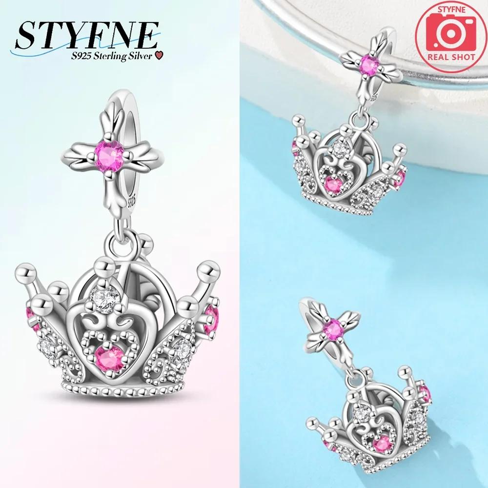 Authentic copperBlue Zircon Heart Pendant Luminous Crown Charm Bead Charms Bead Compatible With Bracelets Accessory Fine Valentines Day Gift Diy Set