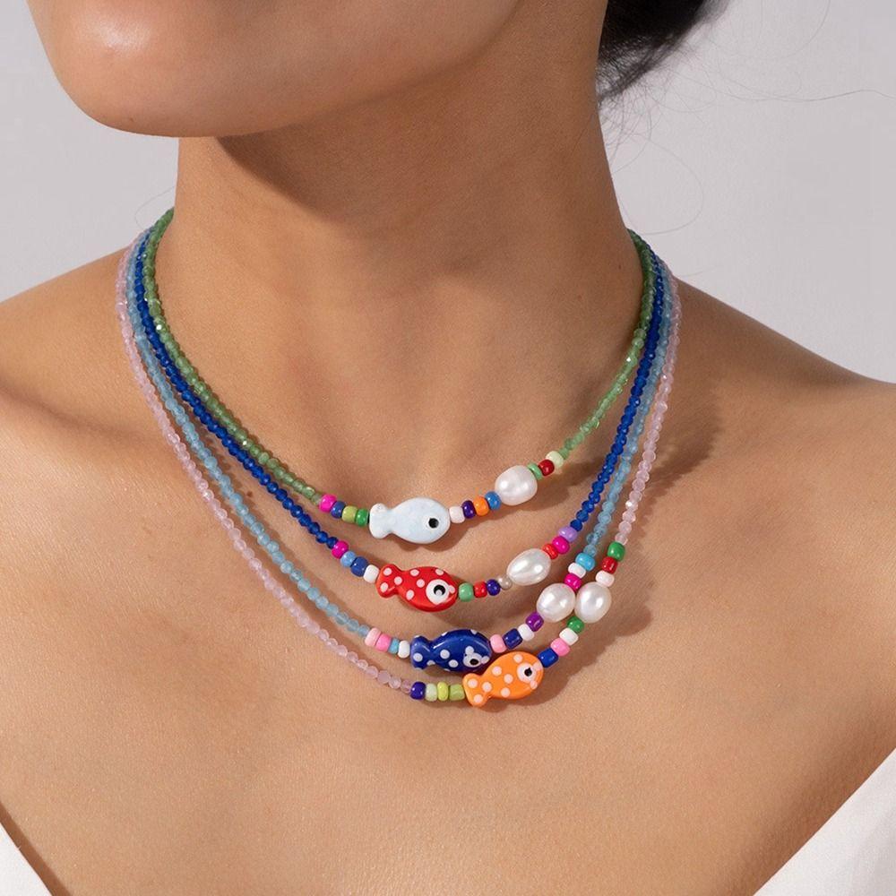 Jewelry Fish Pendant Necklace Colorful Ocean Style Beach Choker Mini Fish Necklace  Sea Beach