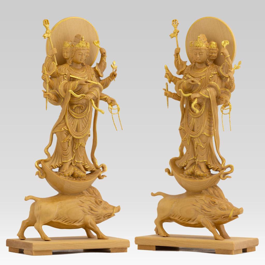 Drobná stojící socha Buddhy Marishiten, zimostráz, zlatá barva, socha, dřevořezba, ozdoba Marishin 13,5 cm (Dřevěná povrchová úprava)_Buddha (GSB