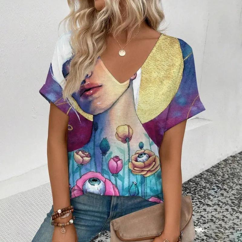2024 Sommer Freizeit Bequemes T-Shirt Damen Elegantes V-Ausschnitt T-Shirt Mode Herzförmiges Muster Druck Kurzarm T-Shirt
